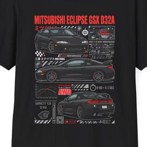 Koszulka z grafiką Mitsubishi 2G Eclipse GSX D32A JDM Streetwear, Diamond Star Motors, Gildan Unisex Softstyle