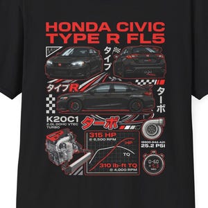 以下が含まれることがあります： ホンダシビックタイプR FL5のグラフィックデザインが施された黒いTシャツ。デザインには車のイラスト、エンジンスペック、テキスト「HONDA CIVIC TYPE R FL5」が含まれています。