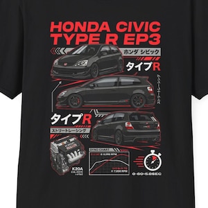 May include: Black t-shirt with a graphic design featuring the text "HONDA CIVIC TYPE R EP3" in red and white. The design includes illustrations of the car and engine details. The shirt has a crew neck and short sleeves.