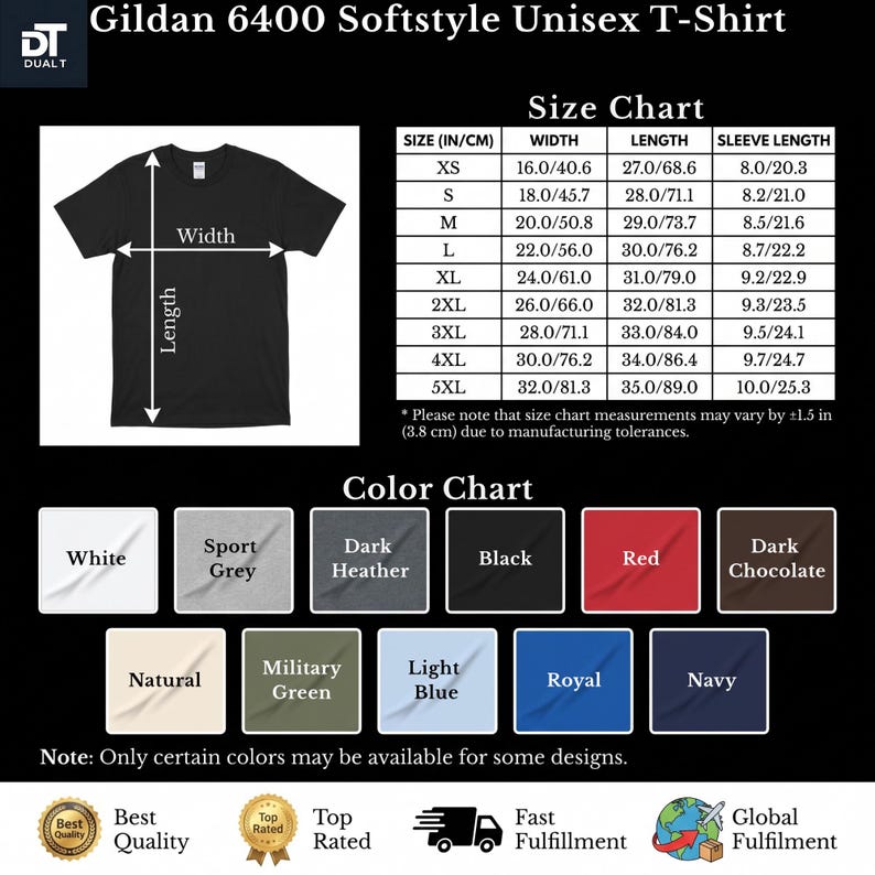 May include: A Gildan 6400 Softstyle unisex t-shirt size and color chart. The graphic displays a black t-shirt with width and length arrows, a detailed size chart in inches and centimeters, and a color palette featuring white, grey, black, red, brown, natural, green, blue, royal, and navy options.