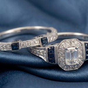Smaragdgeslepen ring en trouwringenset, 925 sterling zilver, 14 karaats verguld, bruidsset met blauwe saffier, halo verlovingsring
