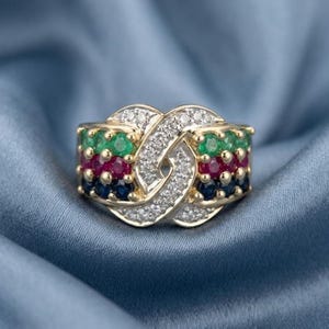Multicolor Gemstone Ring, 925 Sterling Silver, 14K Gold Plated, Ruby Emerald Sapphire Ring, Interlocking Band, Vintage Jewelry Gift