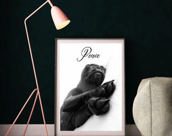 May include: Black and white framed print featuring a close-up of a dog's face and paws, with the word "Peace" in script. A pink floor lamp stands to the left, and a gray beanbag chair is on the right.