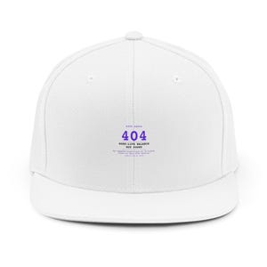 May include: A white baseball cap featuring a purple and black graphic on the front. The text reads: HTTP ERROR 404 WORK-LIFE BALANCE NOT FOUND. The requested balance could not be located. Please try again after vacation. (Balance not found.)