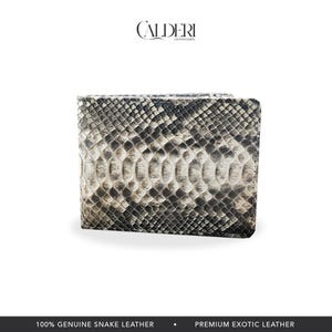 May include: A bi-fold wallet made of genuine snake leather. The wallet features a pattern of black, gray, and white scales. The brand name "CALDERI" is displayed at the top. The bottom of the image reads "100% GENUINE SNAKE LEATHER" and "PREMIUM EXOTIC LEATHER."