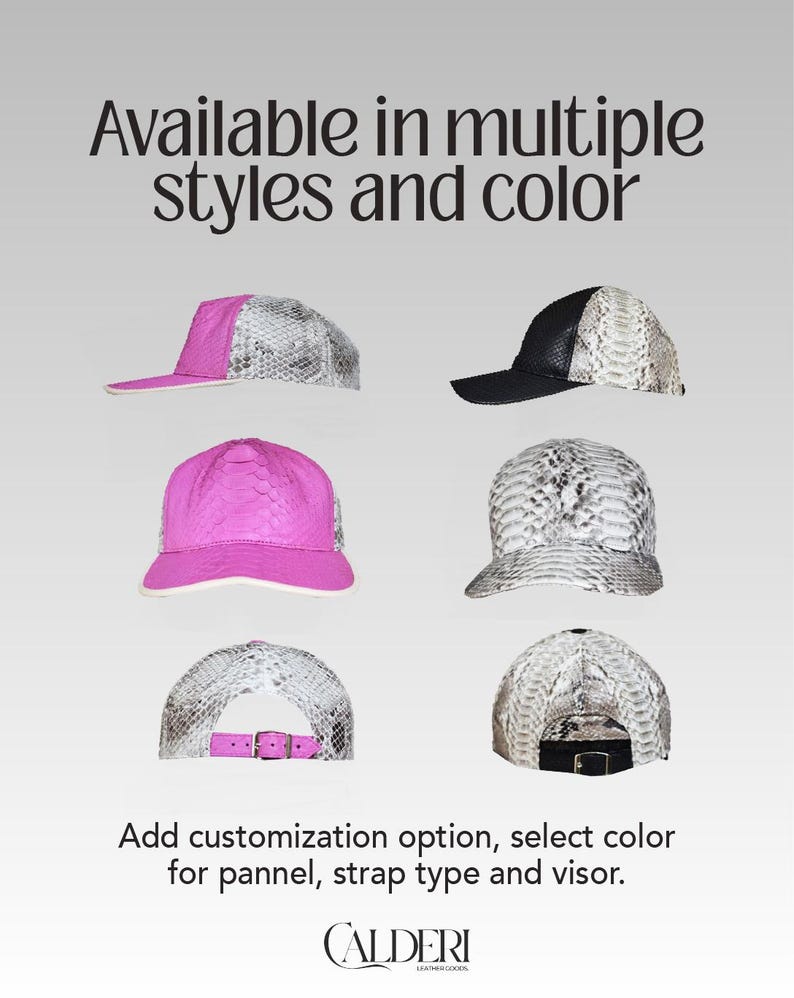 May include: A selection of baseball caps in different styles and colours. The caps have a snakeskin pattern and are shown with pink, black, and white visors. The text reads: "Available in multiple styles and colour."