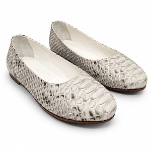 Sapatilhas de Ballet Femininas em Pele de Píton Genuína | Mules com Estampa de Cobra | Sapatos Elegantes em Couro Exótico