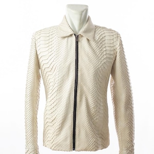 Genuine Python Leather Jacket For Men : Luxury White Snakeskin Biker Jacket