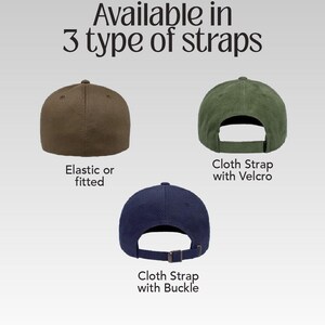 May include: An image displaying three baseball caps in brown, olive green, and navy blue. The caps have different strap types: elastic, Velcro, and buckle. The text "Available in 3 type of straps" is at the top, with the brand logo at the bottom.