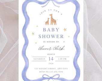 Safari Baby Shower Invitation, Jungle Baby Shower Invite, Baby Boy Shower Invitation, Blue Giraffe Editable Template