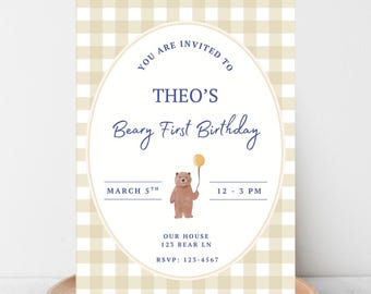Beary First Birthday Invitation, Teddy Bear 1st Birthday Invite, Bear Birthday Party, Gingham Boy Birthday Canva Template
