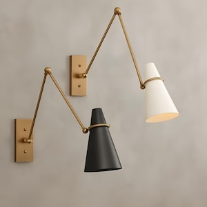 Pair of Mid Century Modern Brass Wall Sconces – Handmade White & Polished Brass Articulating Light Fixtures, Adjustable Wall Lamps