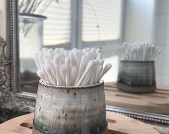 Ceramiczny pojemnik na patyczki kosmetyczne | Pojemnik na szczoteczki do zębów | Ręcznie robiony | Szkliwiony na biało/ciemnozielono | Minimalistyczny design | Nowoczesny rustykalny