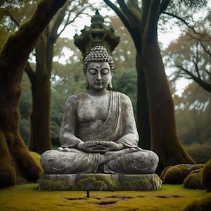 Peut inclure: Une statue de Bouddha en pierre grise dans une pose méditative, située dans un jardin paisible. La statue est assise sur un socle recouvert de mousse, entourée d'arbres et d'une verdure luxuriante. La scène évoque la paix et la contemplation.