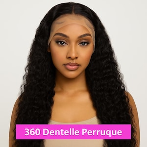 May include: A woman with long, wavy black hair wearing a lace front wig. The wig has a natural hairline and is styled with loose curls. The text "360 Dentelle Perruque" is displayed in a pink box at the bottom of the image.