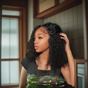 Peut inclure: Une femme aux longs cheveux noirs bouclés. Elle porte un t-shirt noir. L'arrière-plan comprend une porte en bois et un mur de couleur claire.