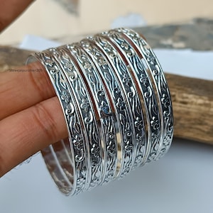 Handmade Sterling Silver Flower Bangles - Set of 7