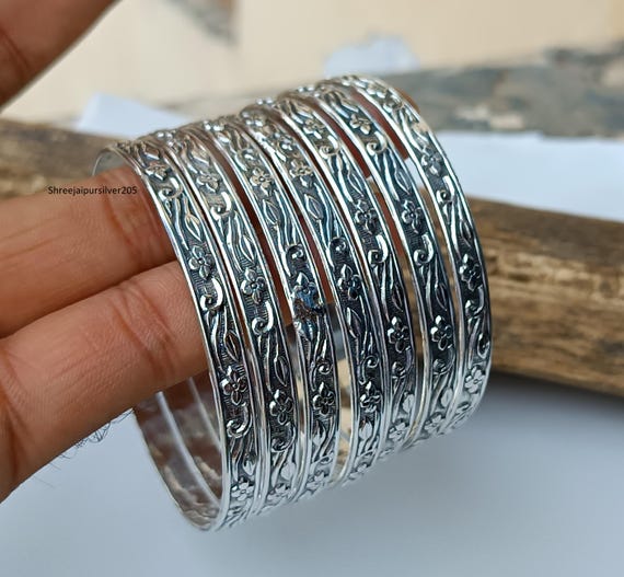 Handmade Sterling Silver Flower Bangles - Set of 7 - Etsy Israel