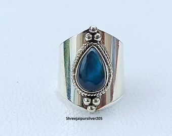 Handmade Pear Labradorite Ring: 925 Sterling Silver Wide Band