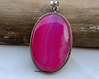 Handmade Pink Botswana Agate Pendant: 925 Sterling Silver Statement Jewelry