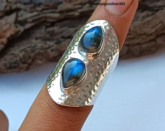Labradorite Gemstone Two Stone Ring, Sterling Silver Statement Jewelry