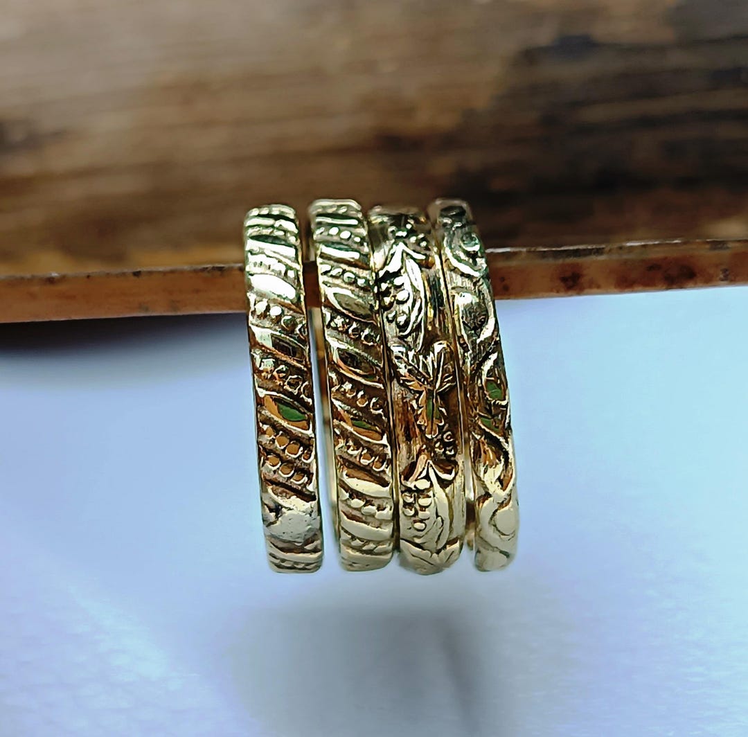 Handmade Brass Ring Set: Floral Etched Stacking Rings - Etsy