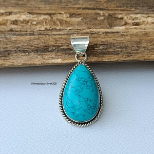 Blue Turquoise Pendant, 925 Sterling Silver Pendant, Handmade Gemstone Pendant, Turquoise Gemstone, Women Silver Pendant, Promise Jewelry.