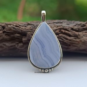 Blue Lace Agate Pendant, 925 Sterling Silver Pear Gemstone Necklace, Handmade Boho Statement Jewelry, Healing Crystal Pendant, Gift For Her.