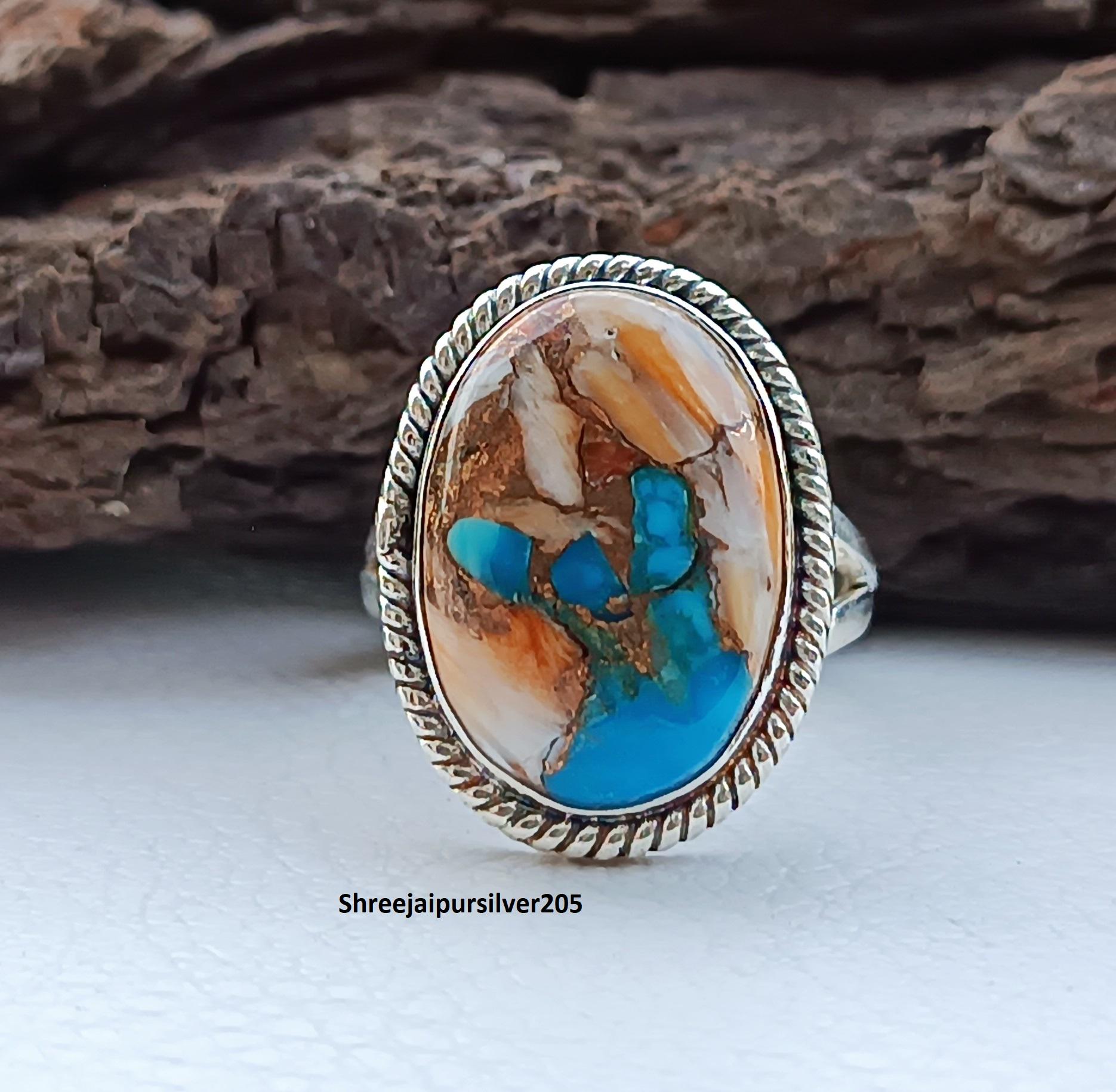 Oyster Copper Turquoise Ring: Handmade 925 Sterling Silver 