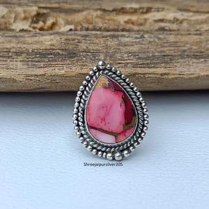 Pink Oyster Turquoise Sterling Silver Ring: Boho Statement Jewelry