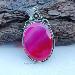Handmade Pink Agate Pendant: 925 Sterling Silver Oval Gemstone