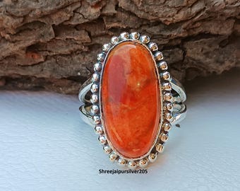Oval Sponge Coral Ring, Handmade 925 Sterling Silver Statement Jewelry