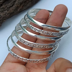 Handmade Sterling Silver Engraved Bangle Set: Floral Stackable Bracelets