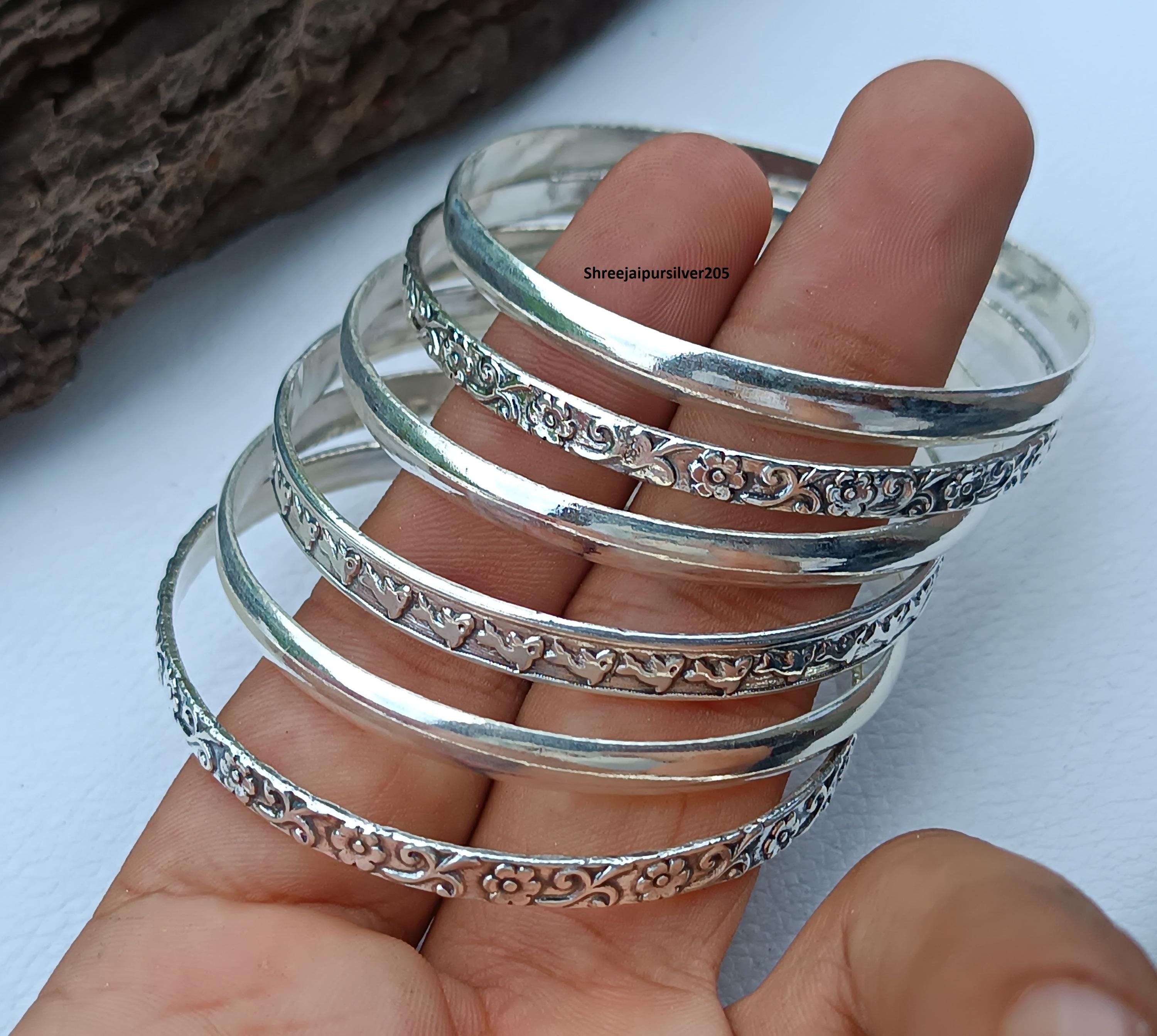 Handmade Sterling Silver Engraved Bangle Set: Floral Stackable
