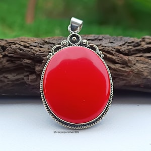 Red Coral Pendant, 925 Sterling Silver, Handmade Gemstone Jewelry, Oval Red Coral Pendant, Boho Jewelry Gift, Gemstone Pendant, Gift For Her