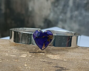 Purple Dahlia Turquoise Heart Bangle: Handmade 925 Sterling Silver Cuff