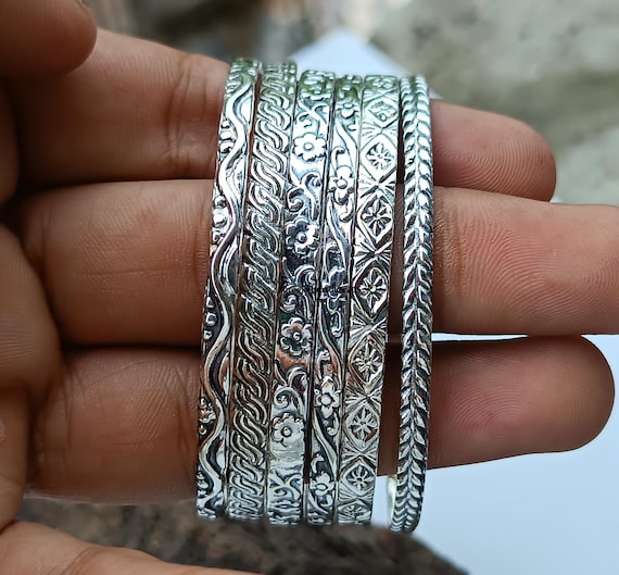 Handmade Sterling Silver Floral Bangles - Set of 6 - Etsy