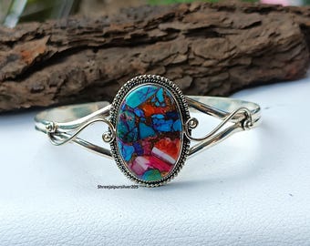 Oyster Copper Turquoise Bangle: Handmade 925 Sterling Silver Adjustable Cuff
