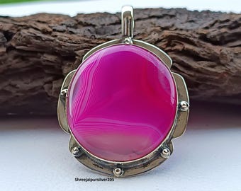Pink Botswana Agate Pendant: Handmade 925 Sterling Silver Statement Jewelry