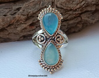 Chalcedon Zwei Stein Ring, 925 Sterling Silber handgemachte Birnenform Frauen Schmuck, Weihnachtsgeschenk.