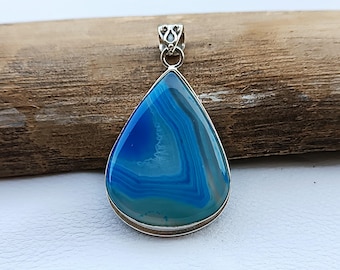 Handmade Blue Banded Agate Sterling Silver Pendant - Statement Jewelry