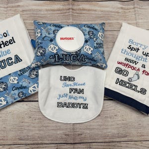 UNC Baby Wipes Case, Two Burp Cloth, Bib Combo.  Shower Gift. Tarheel Theme. Drool Tarheel Blue. North Carolina Baby gift.