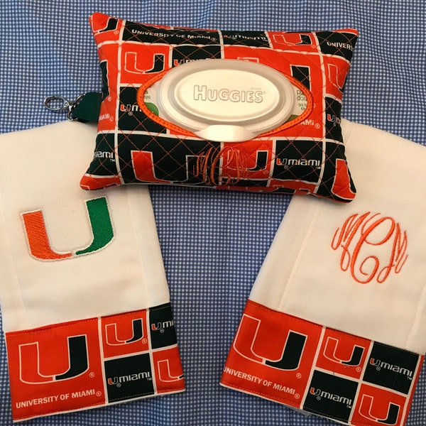 UM Baby Wipes Case, Burp Cloth Combo. University of Miami shower gift. Miami Hurricanes Gift Set.  Hurricanes Baby.  The U Burp Cloth Set.