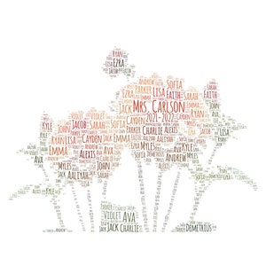 May include: A word cloud in the shape of three stylized trees, with the names Jack, Mrs. Carlson, and the years 2021-2022 in the center. The word cloud is made up of names, including  Sophia, Cayden, Charlie, Alexis, Ezra, Parker, Ryan, Lisa, Emma, Violet, Ava, John, Andrew, Myles, and Aaliyah.