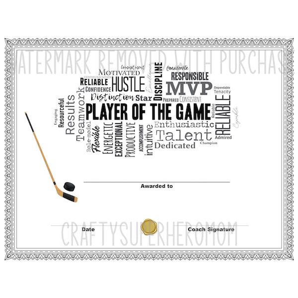 INSTANT DOWNLOAD - Hockey Player of the Game Certificate - great tool for coach or team mom - team sports - award