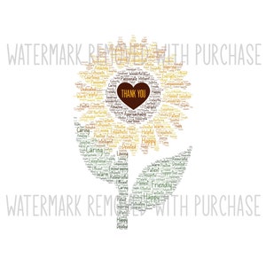 May include: A sunflower-shaped word cloud with the words "Thank You" in the center. The word cloud is made up of positive words like "caring", "happy", "friendly", "devoted", "honest", and "loving".