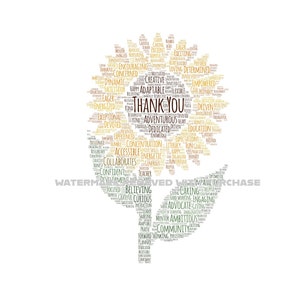 May include: A sunflower-shaped word cloud with the words "Thank You" in the center. The word cloud is made up of words that describe positive qualities, such as "caring", "creative", "dedicated", and "empowered".
