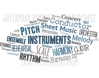 INSTANT Digital Download - MUSIC Instruments Conductor Orchestra Art Home Decor Teacher Gift - Word Cloud Wordle pdf png jpg -