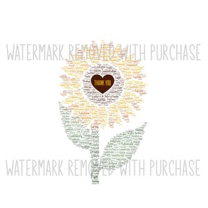 May include: A sunflower-shaped graphic with a brown heart in the center, containing the words "THANK YOU." The sunflower is composed of various words in different shades of brown, yellow, and green, creating a textured effect.