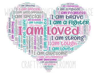 Digital HEART affirmations word cloud art wordle - makes great teacher appreciation thank you gift - home decor - cancer medical treatment